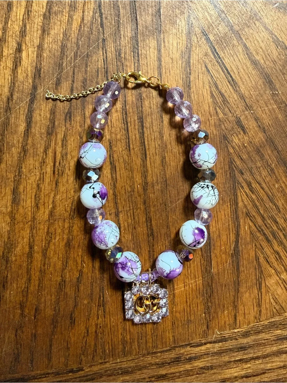 Pet Necklace - Purple and White Beaded Necklace with Crystal Pendant